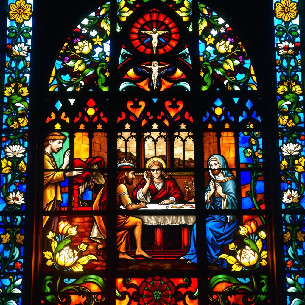 An artistic stained glass window in the style of classic Catholic church art, featuring vivid and radiant colors