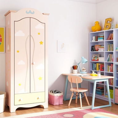 A colorful children's study area featuring a whimsical wardrobe and a study desk