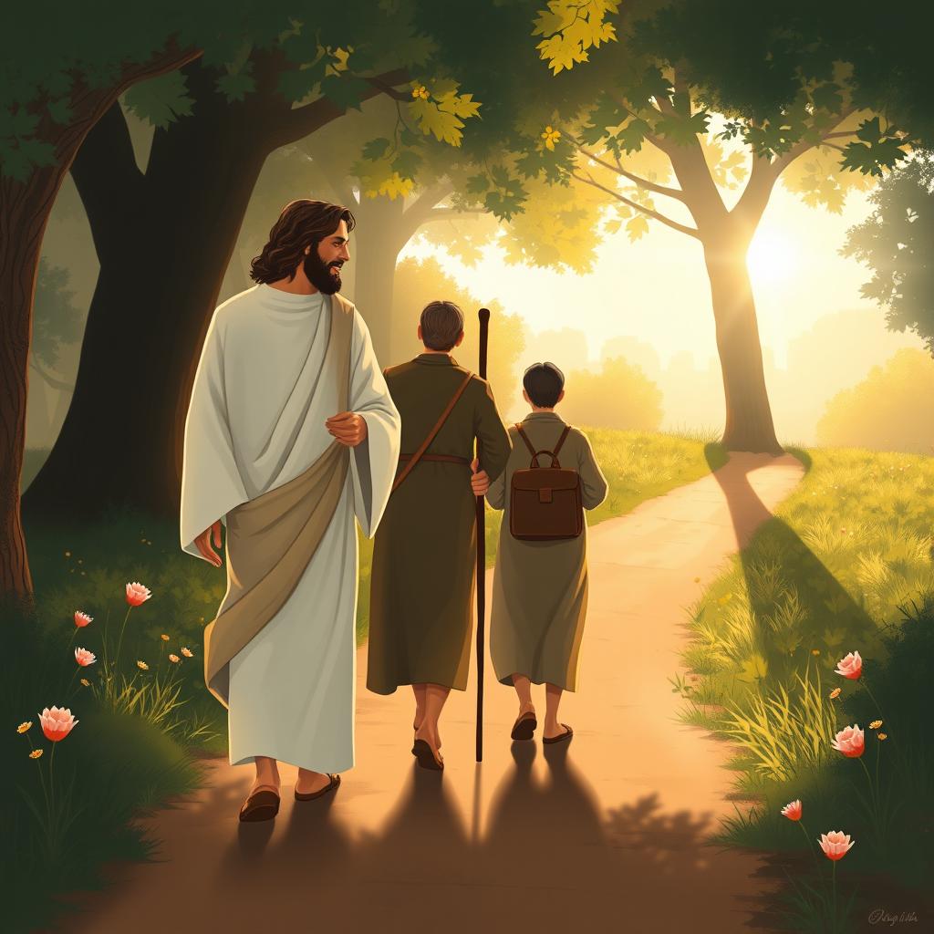A serene and symbolic illustration of Jesus Christ walking side by side with a humble pilgrim on a peaceful dirt path surrounded by trees and soft morning light