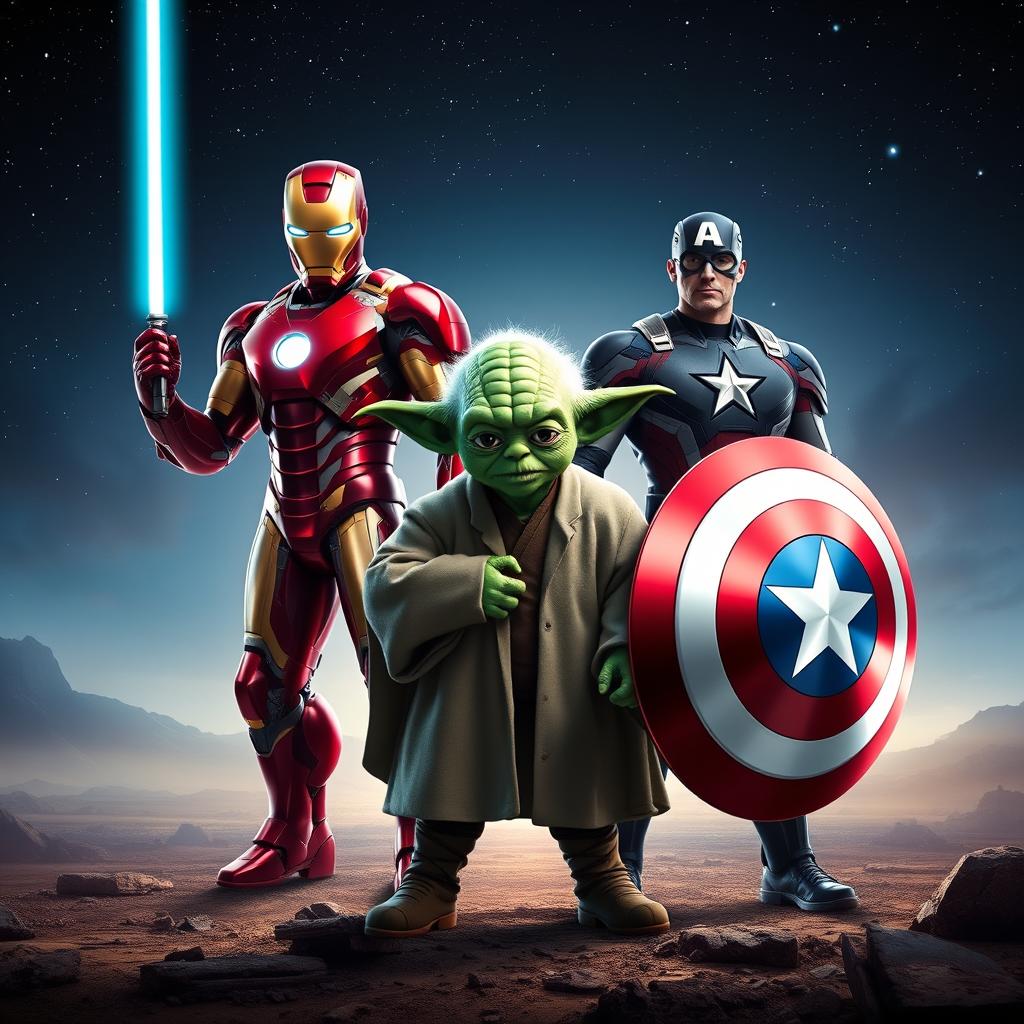 An epic crossover scene featuring Yoda, Iron Man, and Captain America