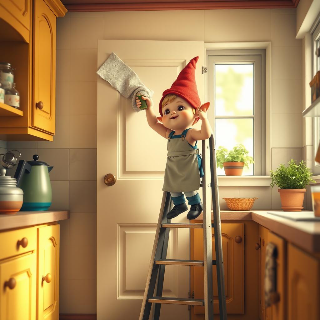 A charming scene depicting a small character, possibly a cute gnome or an adorable cartoonish creature, carefully cleaning the kitchen doors while standing on a sturdy ladder