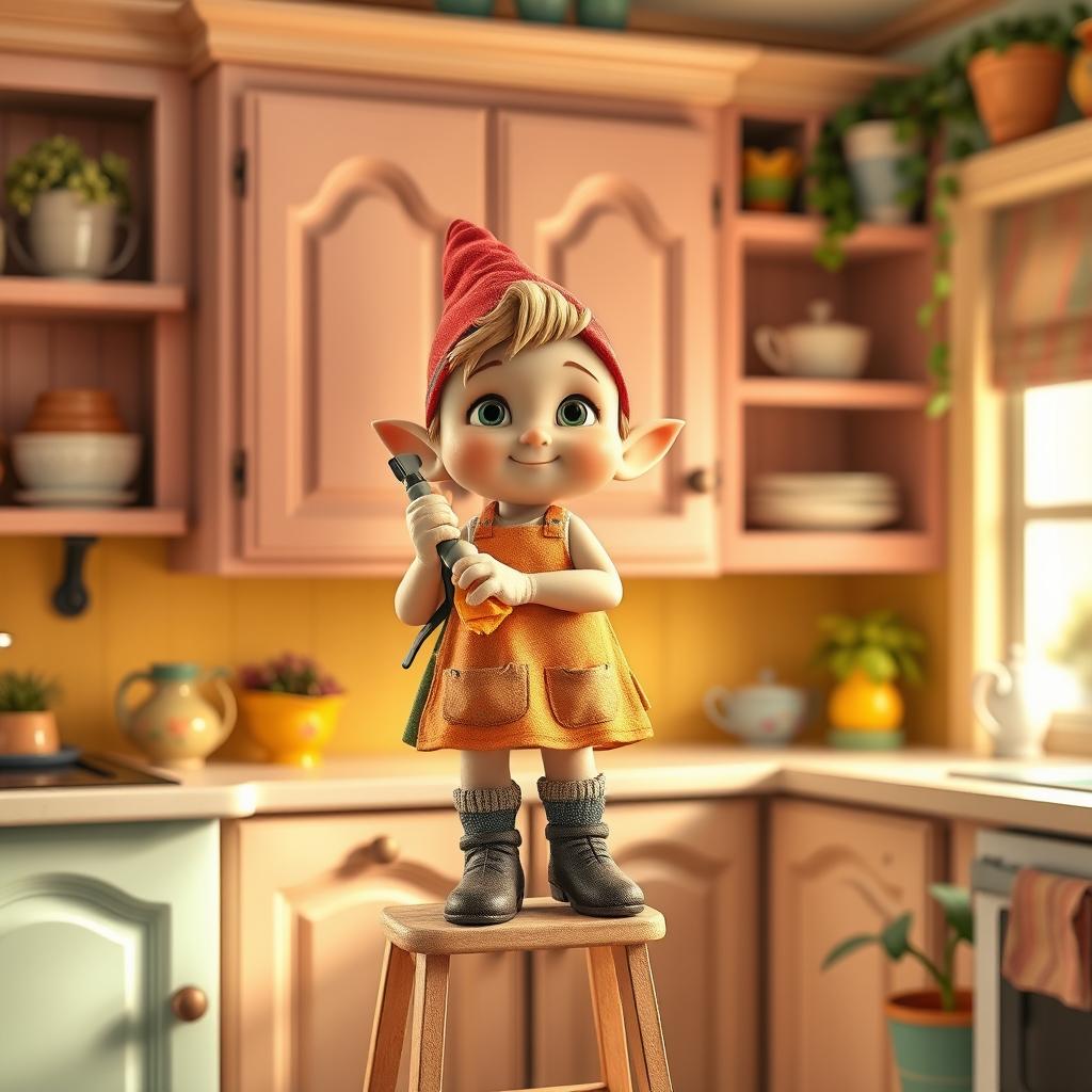 A delightful scene featuring a small character, such as a whimsical gnome or an endearing fairy, diligently cleaning kitchen doors while standing on a sturdy ladder