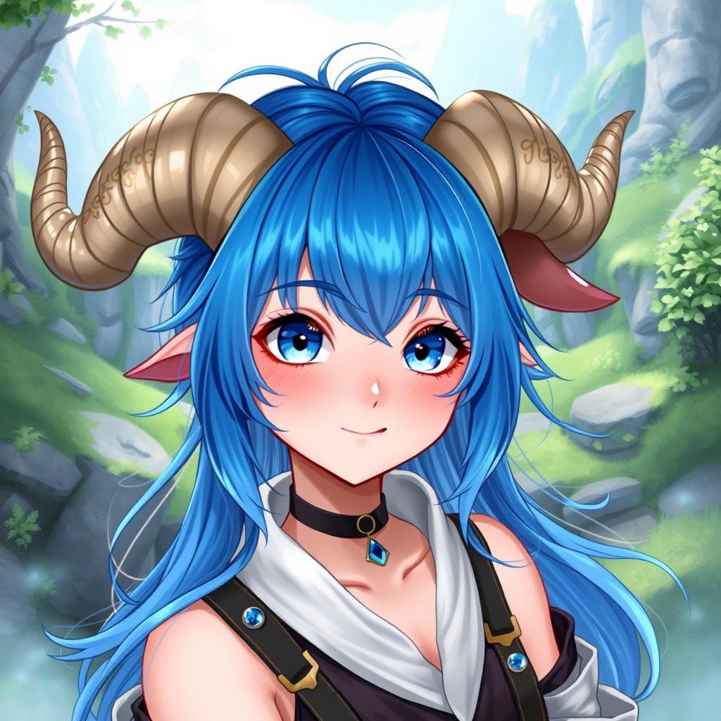 A girl with vibrant blue hair and goat horns, exuding a mystical aura
