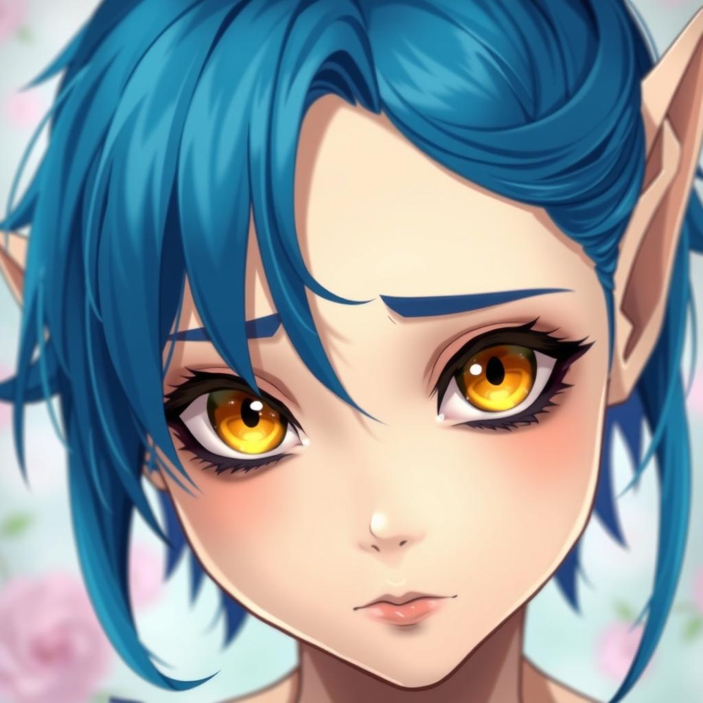 A character with blue hair and pointed ears, showcasing striking yellow eyes