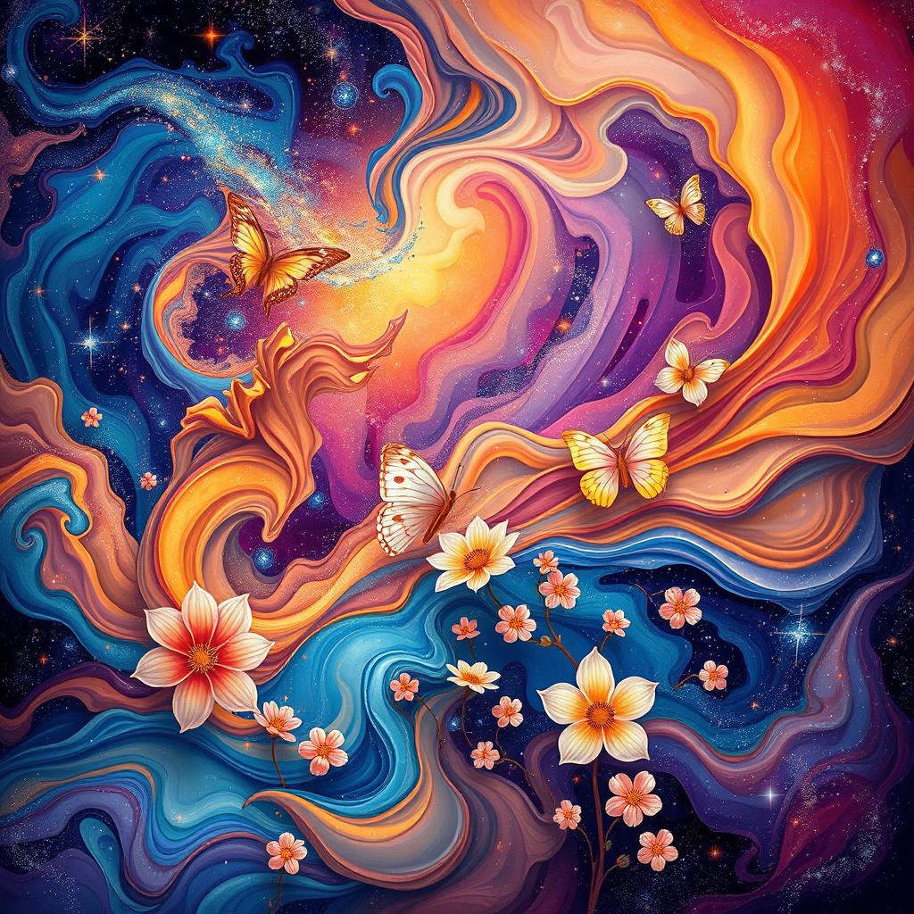 A captivating abstract composition featuring a seamless merge of vibrant colors and shapes