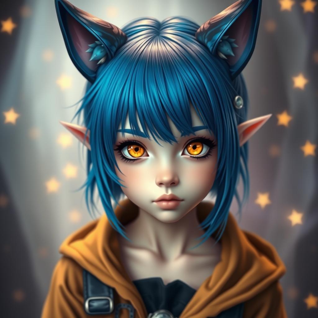 A full-body portrait of a girl with striking blue hair styled with pointy ears, exuding an enchanting and mystical vibe