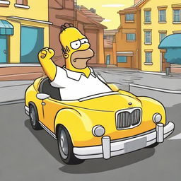 A jovial image of cartoon character Homer Simpson driving a sleek, luxury BMW car down a Springfield street, yellow hands on the wheel.