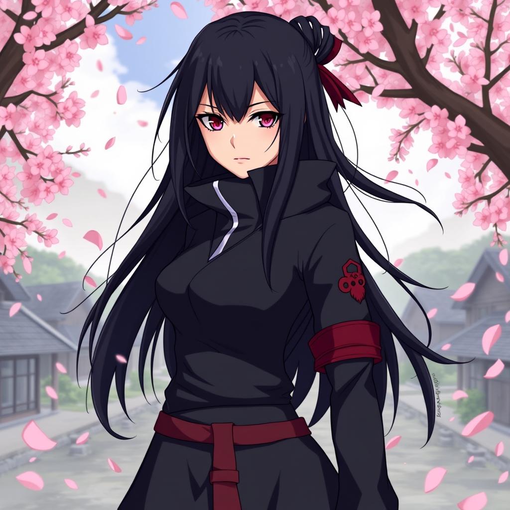 A female interpretation of Obito Uchiha, depicted with long, flowing dark hair and sharp features that represent her Uchiha heritage