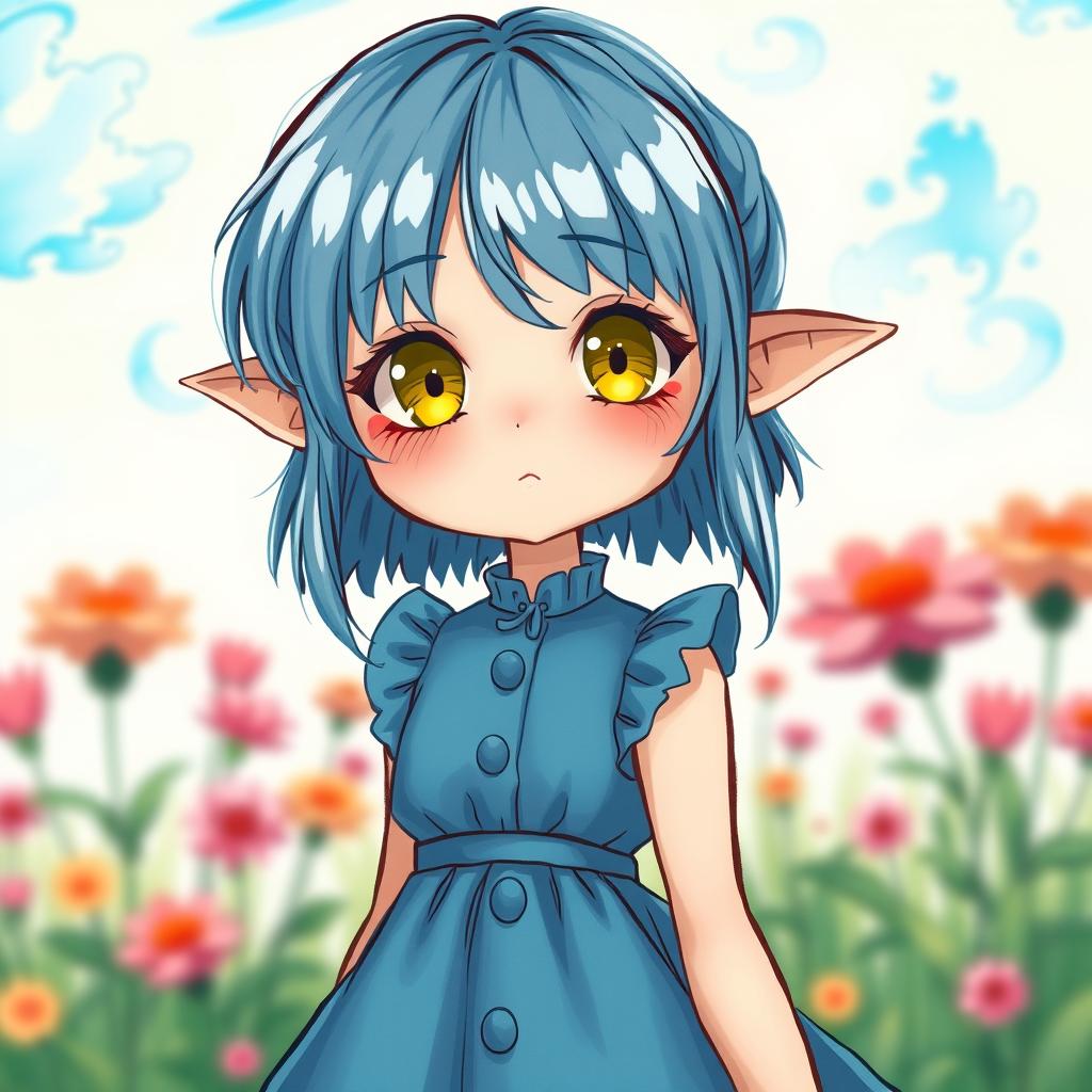 A full-body illustration of a girl with blue hair and pointy ears, featuring striking yellow eyes and distinct dark circles under her eyes