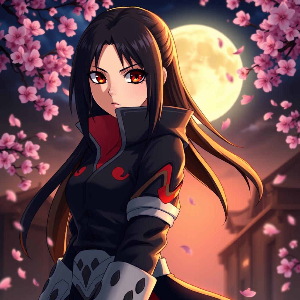 A female version of Obito Uchiha, depicted with long, sleek dark hair and striking Sharingan eyes