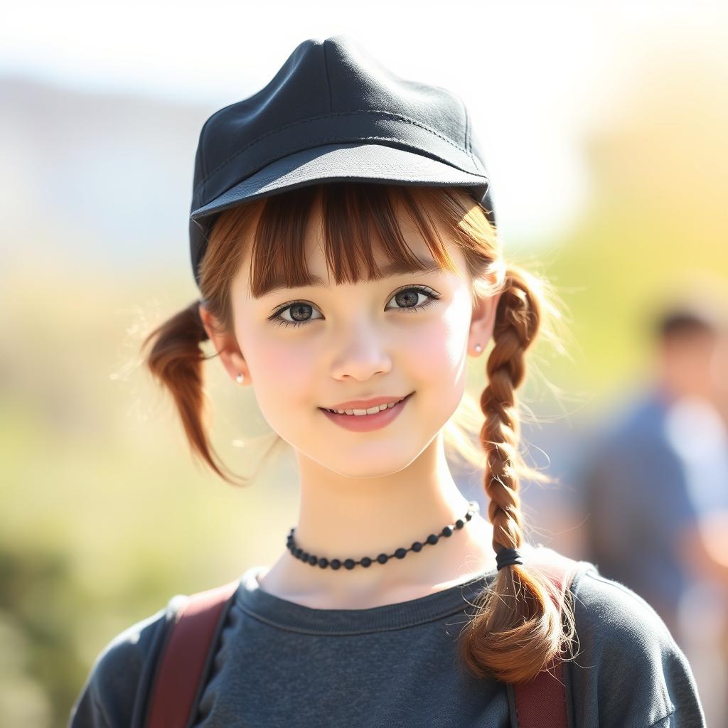 An 18-year-old woman with a petite stature, wearing a short-brimmed black hat
