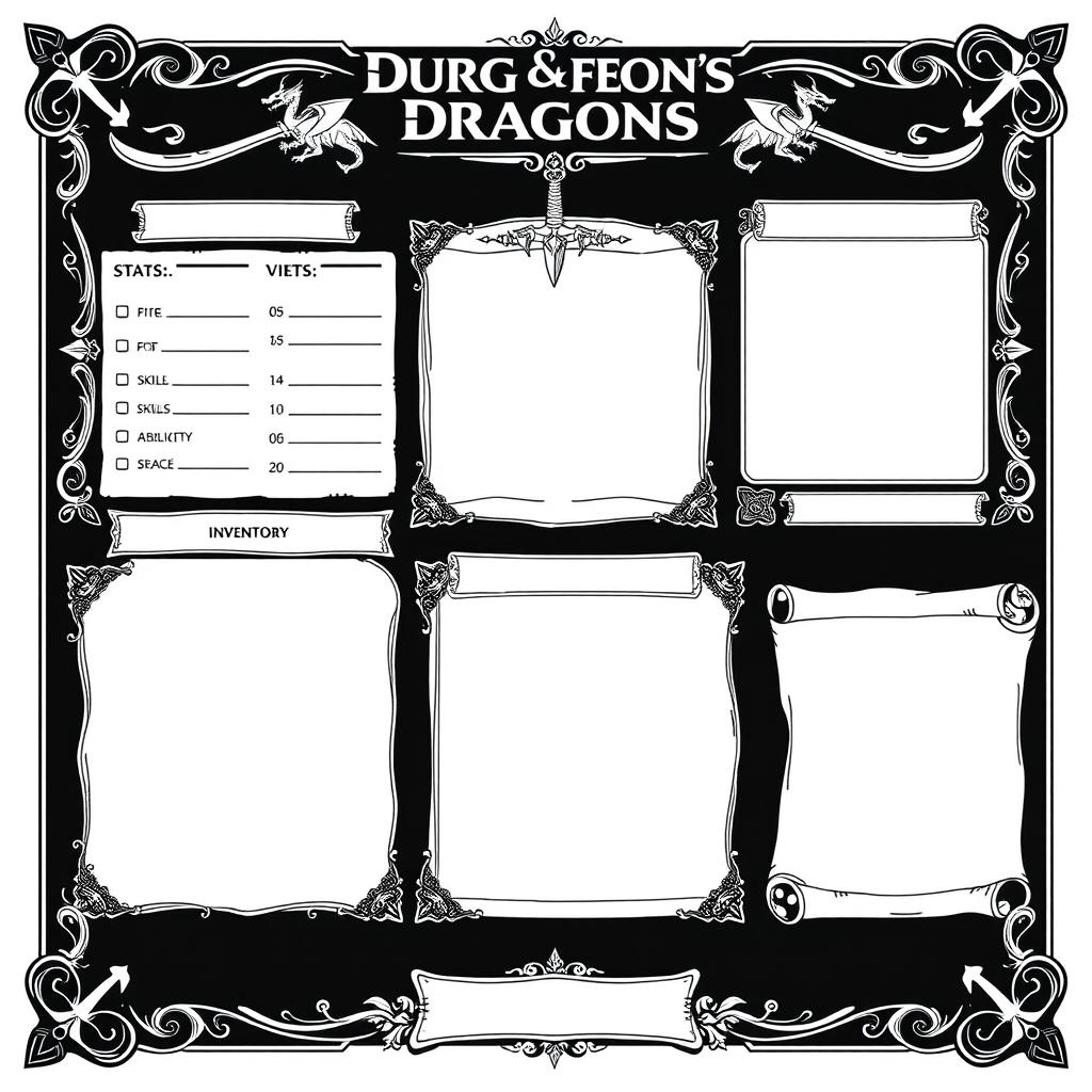 A full set of black and white frames and outlines designed specifically for a Dungeons & Dragons character sheet