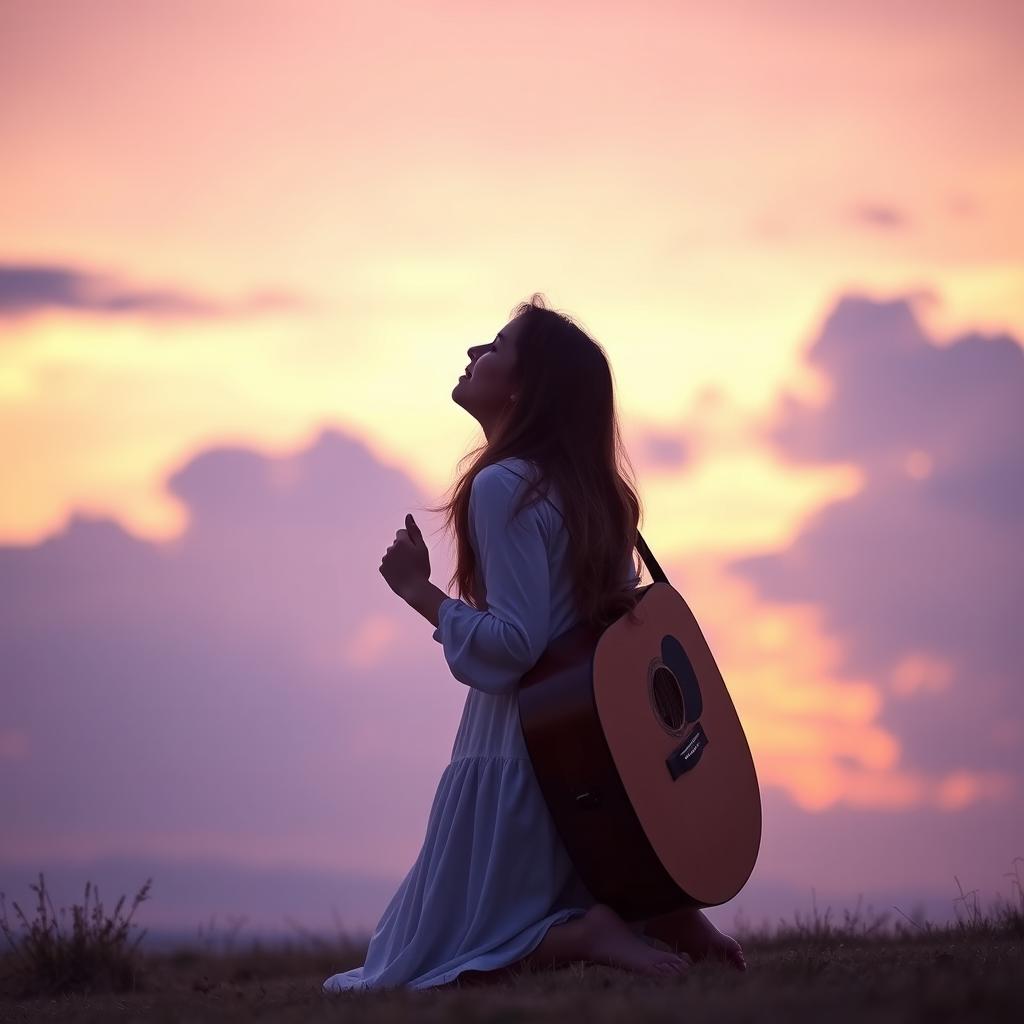 A woman kneeling with her acoustic guitar, gazing at the sky during twilight, completely immersed in worship