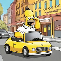 A jovial image of cartoon character Homer Simpson driving a sleek, luxury BMW car down a Springfield street, yellow hands on the wheel.