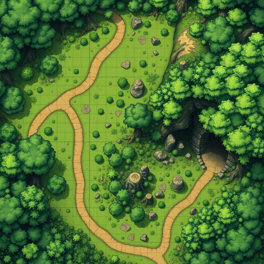 A detailed D&D map of a lush forest featuring a winding trail that meanders through dense trees and greenery