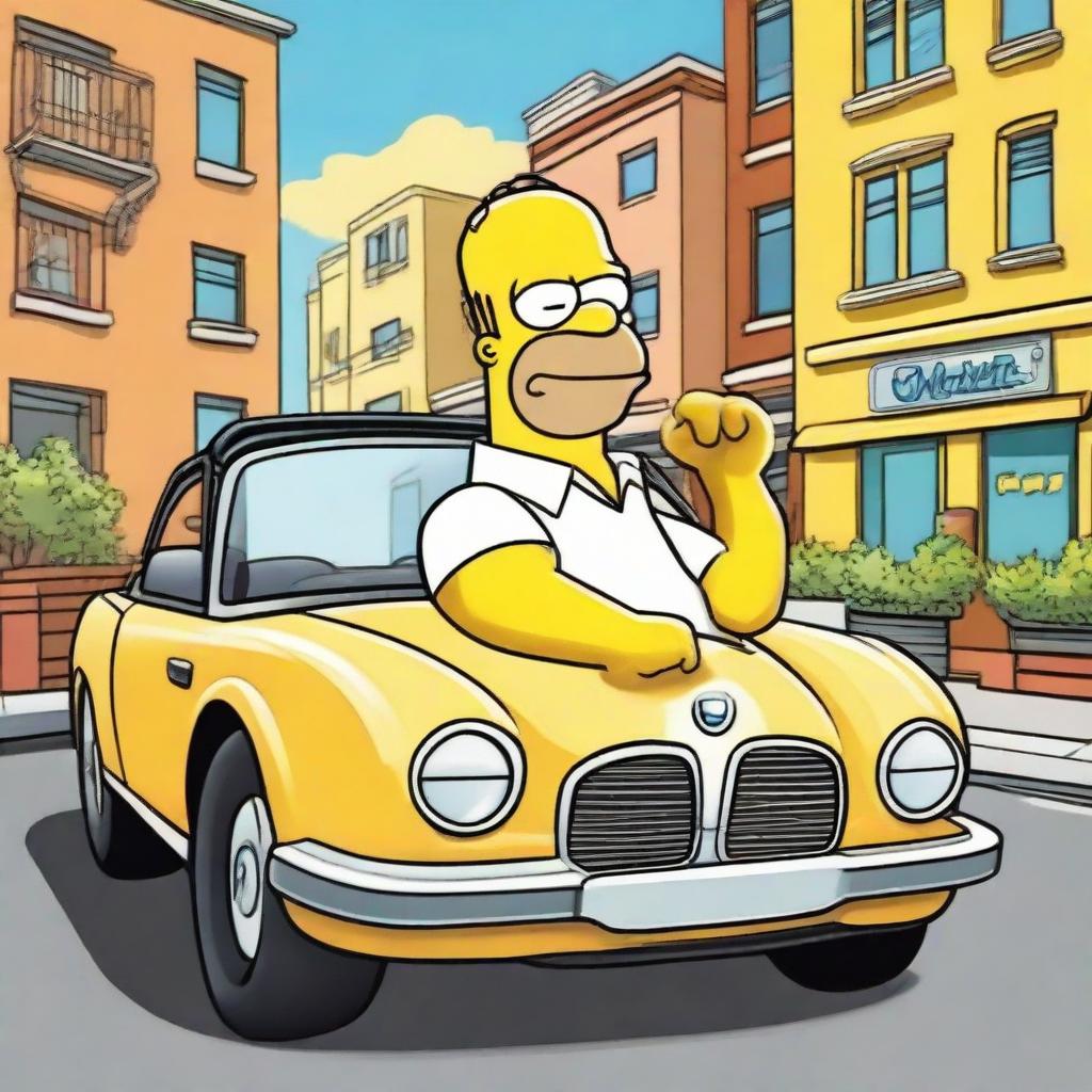 A jovial image of cartoon character Homer Simpson driving a sleek, luxury BMW car down a Springfield street, yellow hands on the wheel.