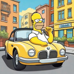 A jovial image of cartoon character Homer Simpson driving a sleek, luxury BMW car down a Springfield street, yellow hands on the wheel.