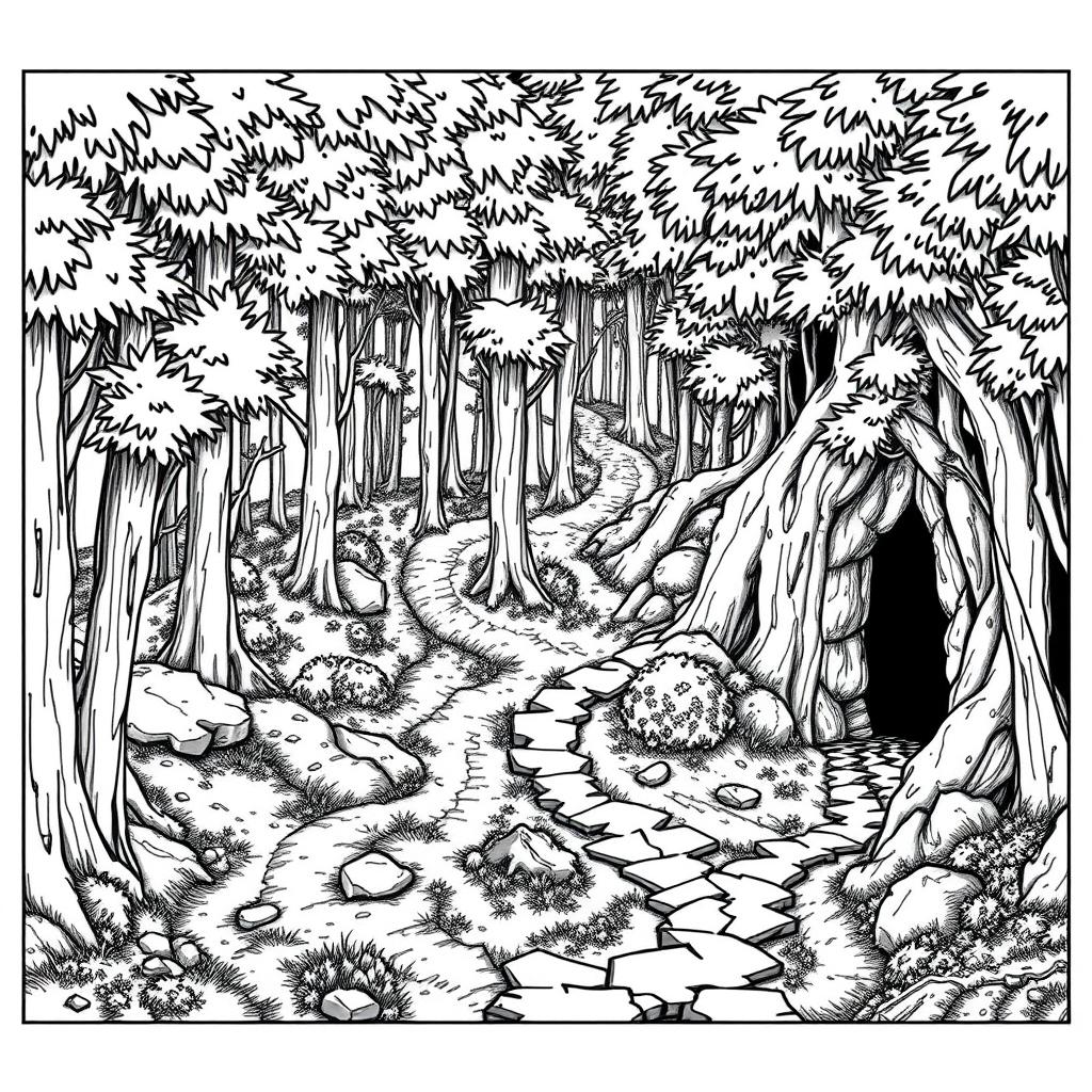 A detailed black and white line art illustration of a D&D fantasy forest map