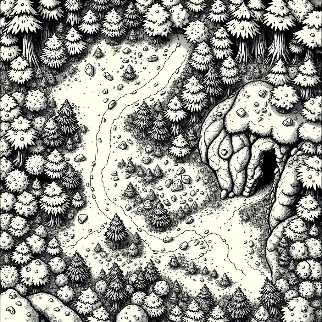 A black and white D&D map depicting a dense forest, featuring a winding trail that traverses through the thick trees and underbrush