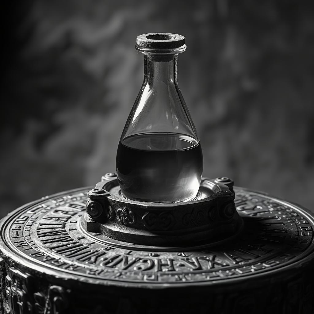A realistic black and white background featuring a crystal vial filled with poison