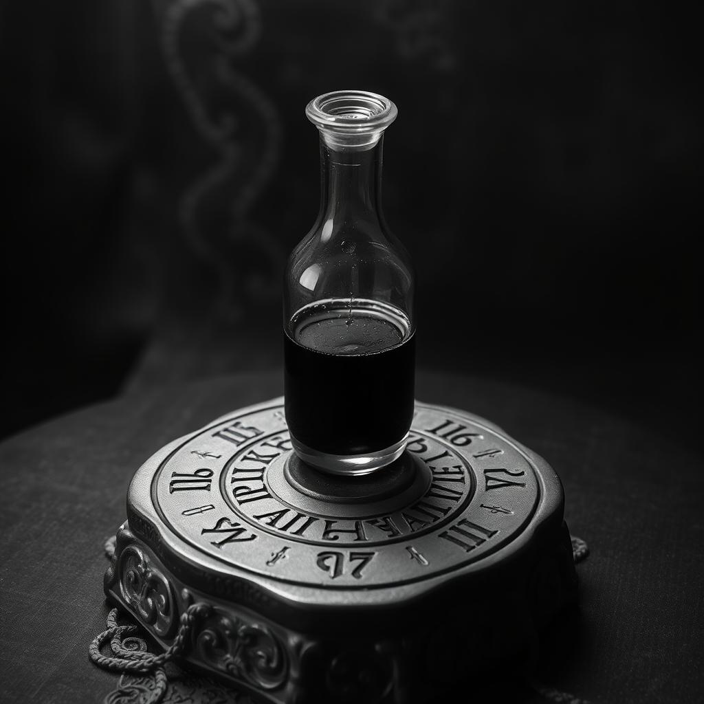 A realistic black and white background featuring a crystal vial filled with a mysterious poison