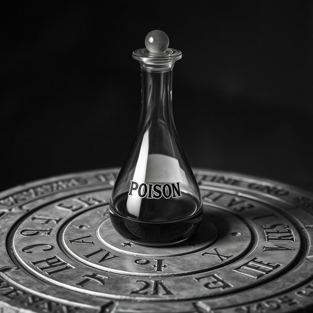 A realistic black and white scene featuring a crystal vial containing poison, placed on a platform with intricate carved runes