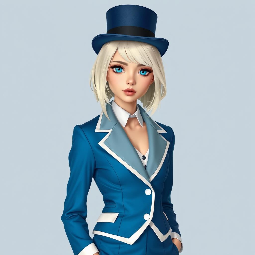 An 18-year-old woman who is very short, wearing an elegant blue and white suit consisting of a tailored jacket and fitted short pants