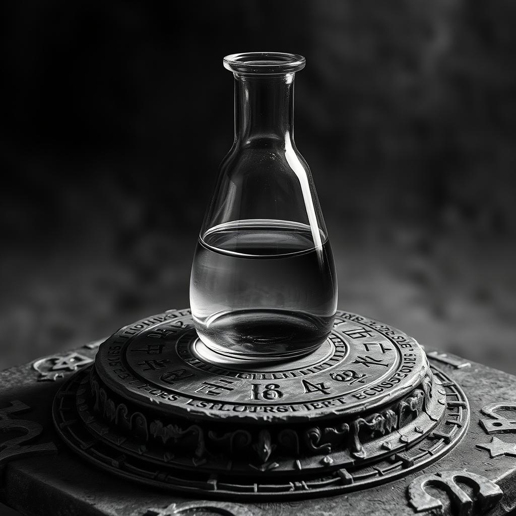 A realistic black and white background featuring a crystal vial filled with poison