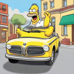 A jovial image of cartoon character Homer Simpson driving a sleek, luxury BMW car down a Springfield street, yellow hands on the wheel.