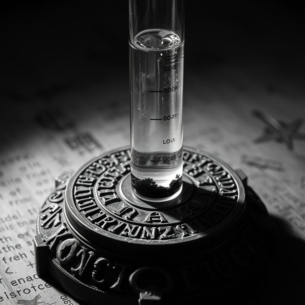 A realistic black and white image featuring a crystal test tube filled with a mysterious poison