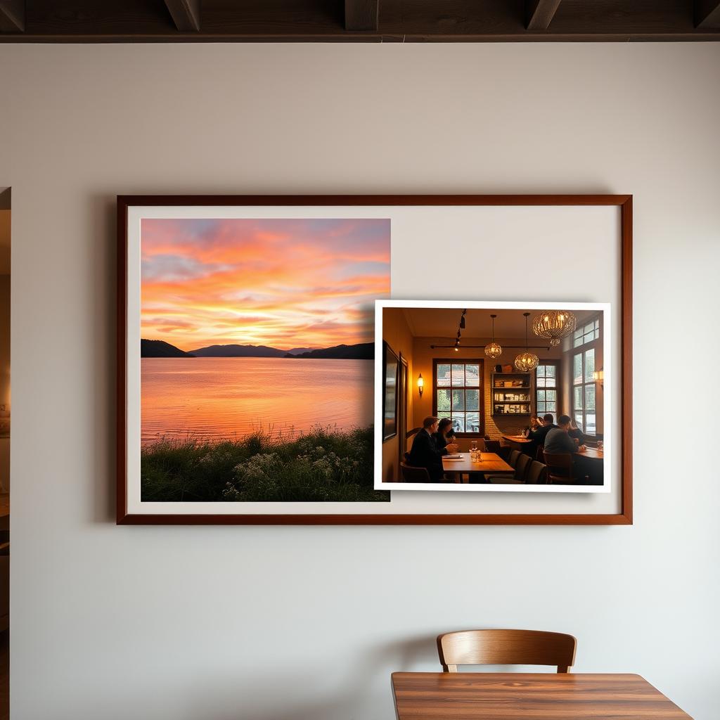 A beautiful indoor scene featuring two lovely photographs seamlessly blended together on a wall