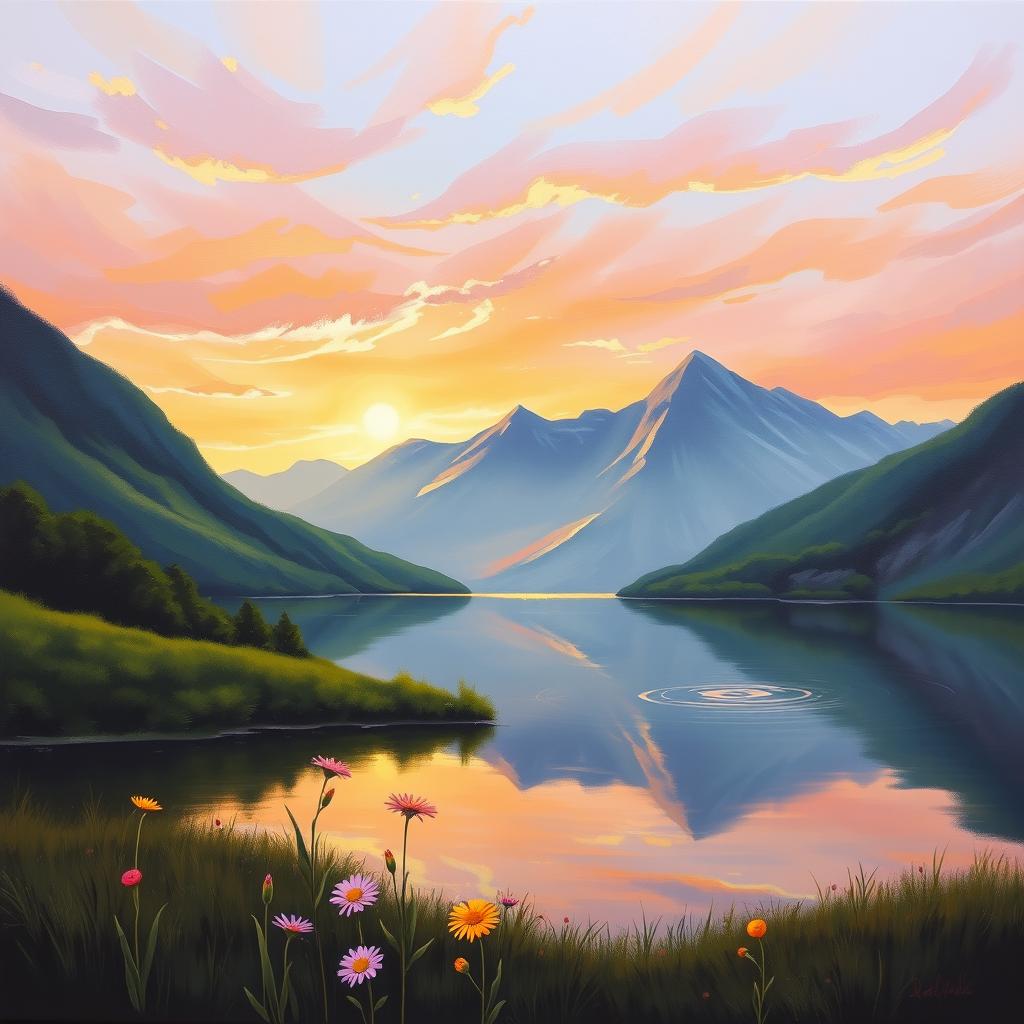 An oil painting of a serene landscape featuring a calm lake reflecting the surrounding mountains at sunset