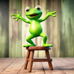 A vibrant, animated frog exhibiting a lively dance atop a rustic wooden chair.