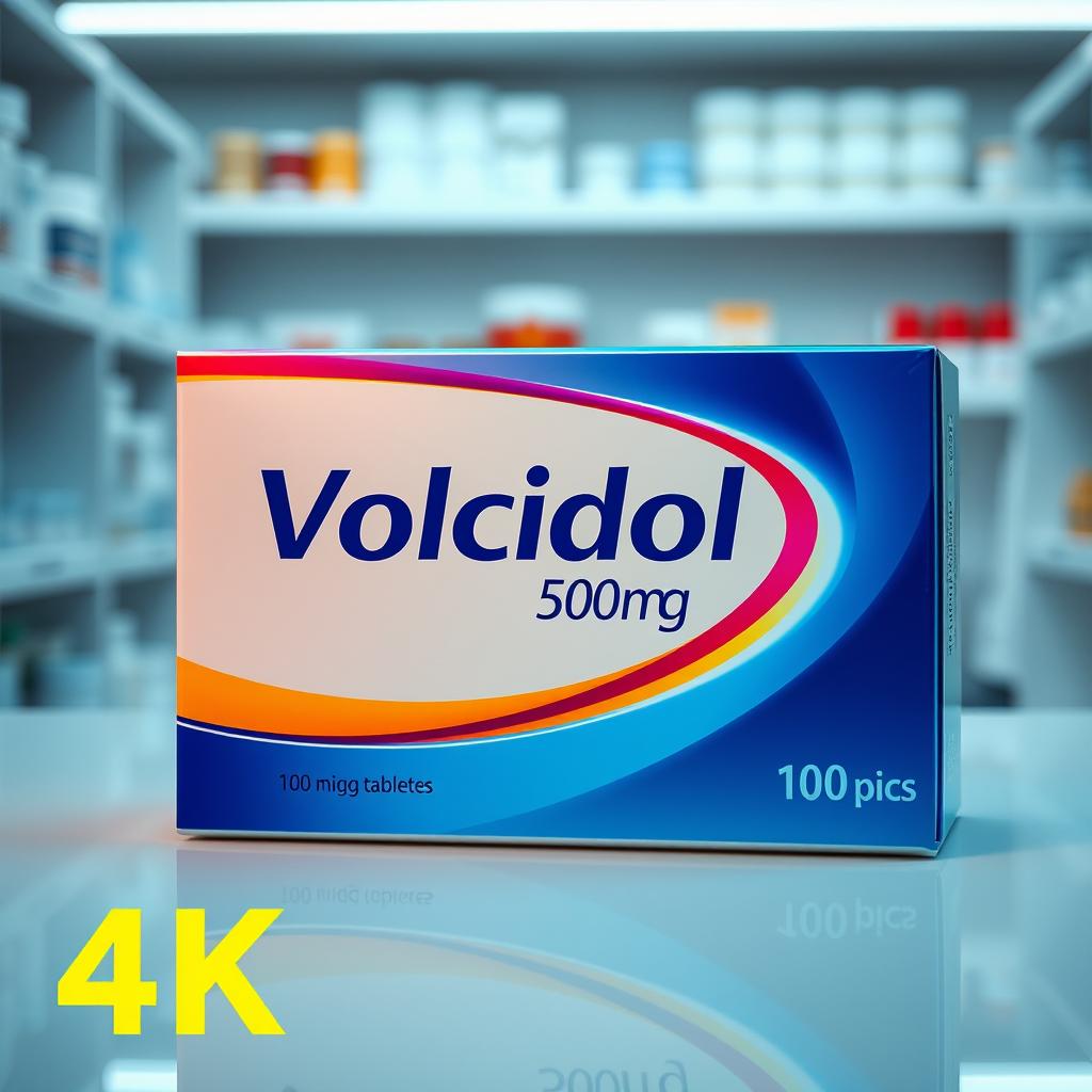 A highly detailed product display of Volcidol 50mg, with the box clearly showing 100 pieces within an elegant 4k resolution environment