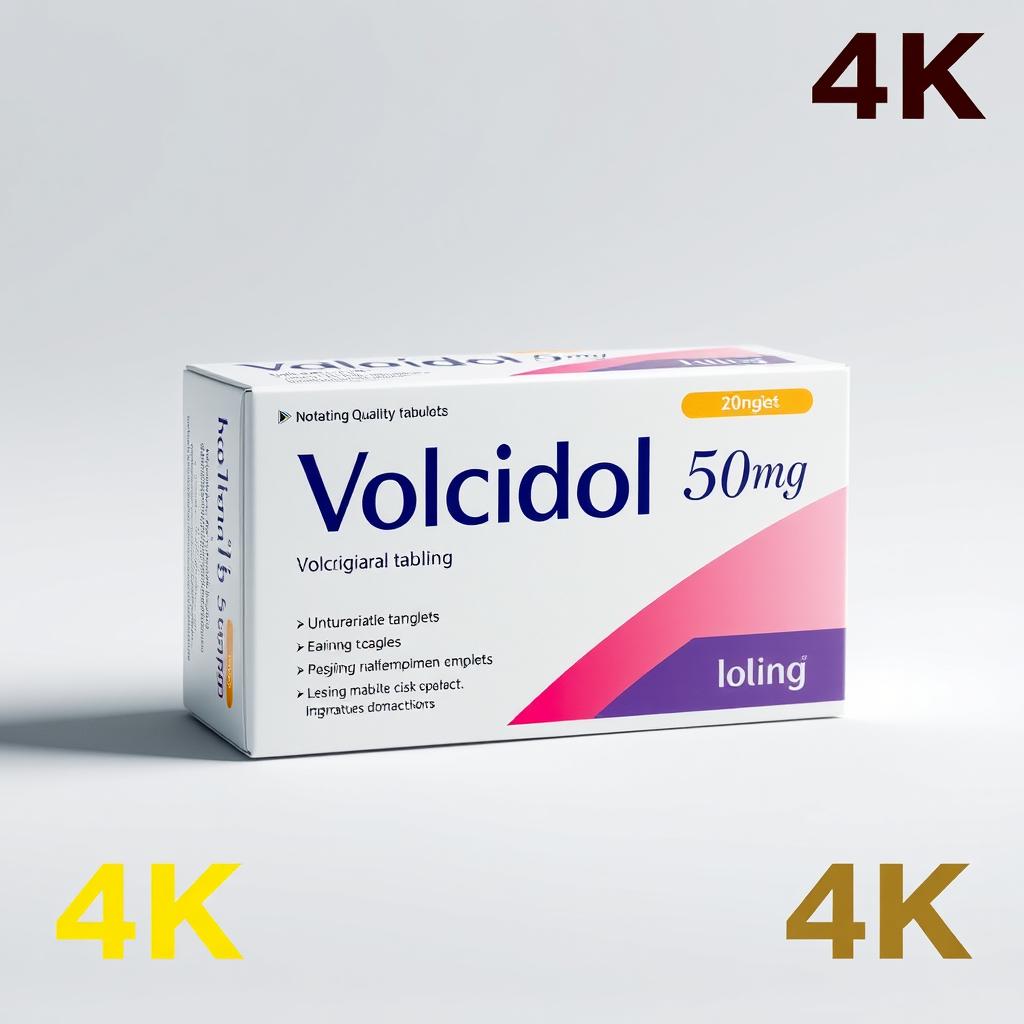 A high-quality, detailed representation of a package of Volcidol 50mg, displaying a box containing 100 pieces