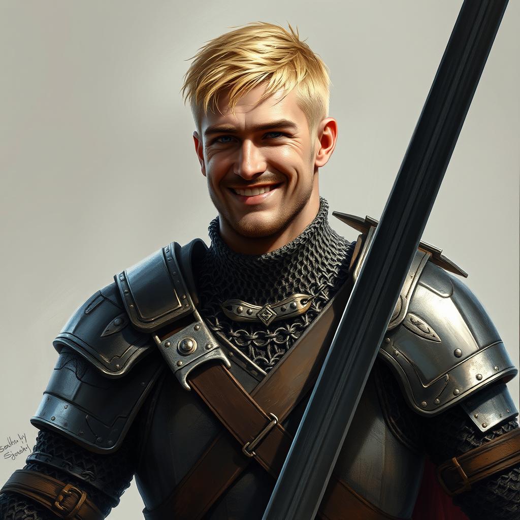 A hyper-realistic digital painting of a human warrior, depicted as a charismatic, talkative man with a cunning smile