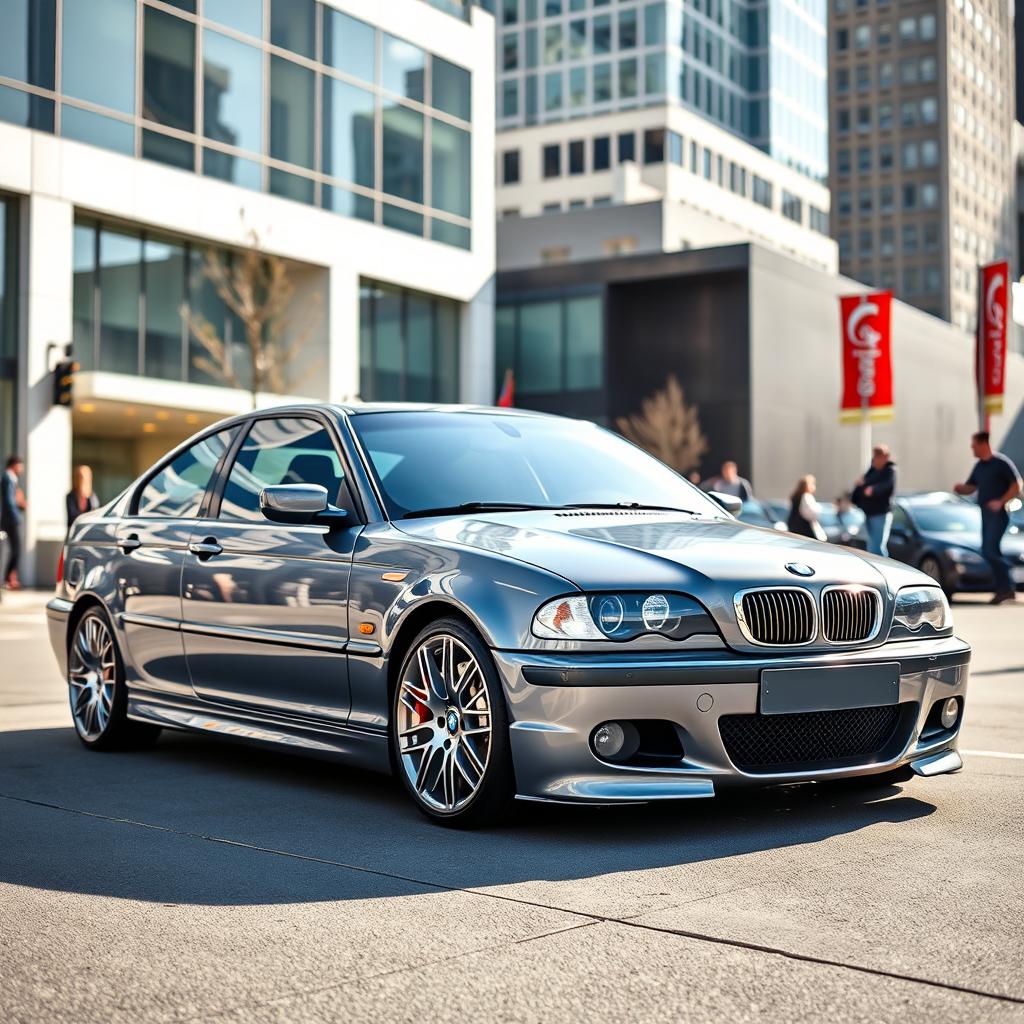 A stunning BMW E46 in a sleek gray color, parked in an urban setting with modern city architecture in the background