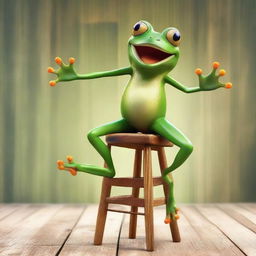 A vibrant, animated frog exhibiting a lively dance atop a rustic wooden chair.