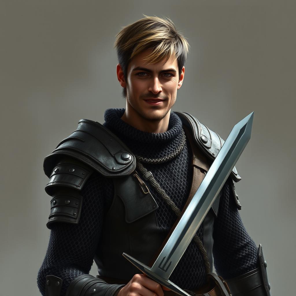 A hyper-realistic digital painting of a human warrior, portrayed as a charismatic, talkative man with a cunning smile