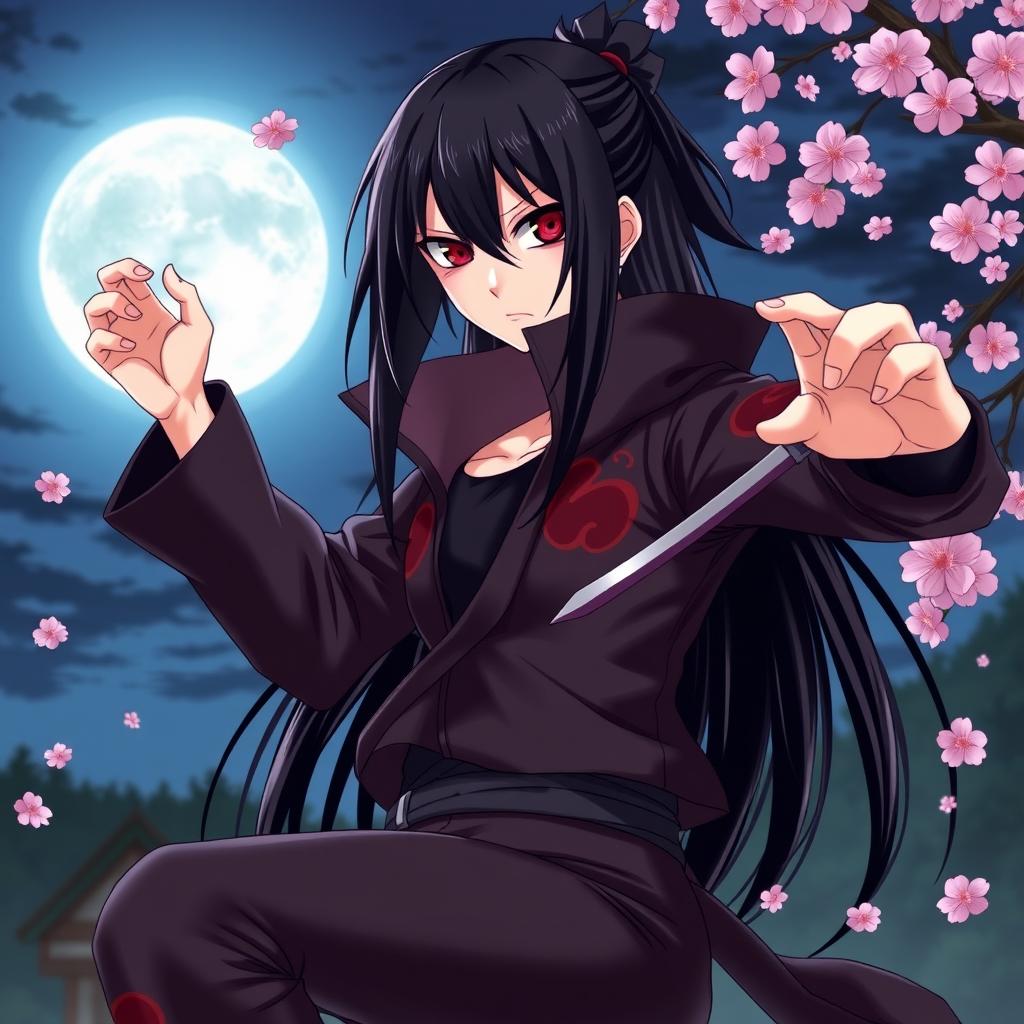 A female version of Obito Uchiha, showcasing long, dark hair with loose strands framing her face and fierce Sharingan eyes that convey intensity and determination