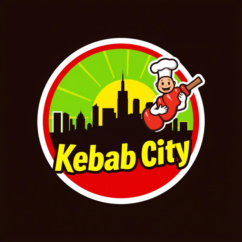 A vibrant logo design for a fast food restaurant named 'Kebab City', featuring a stylized city skyline silhouette integrated within a large, juicy kebab skewer