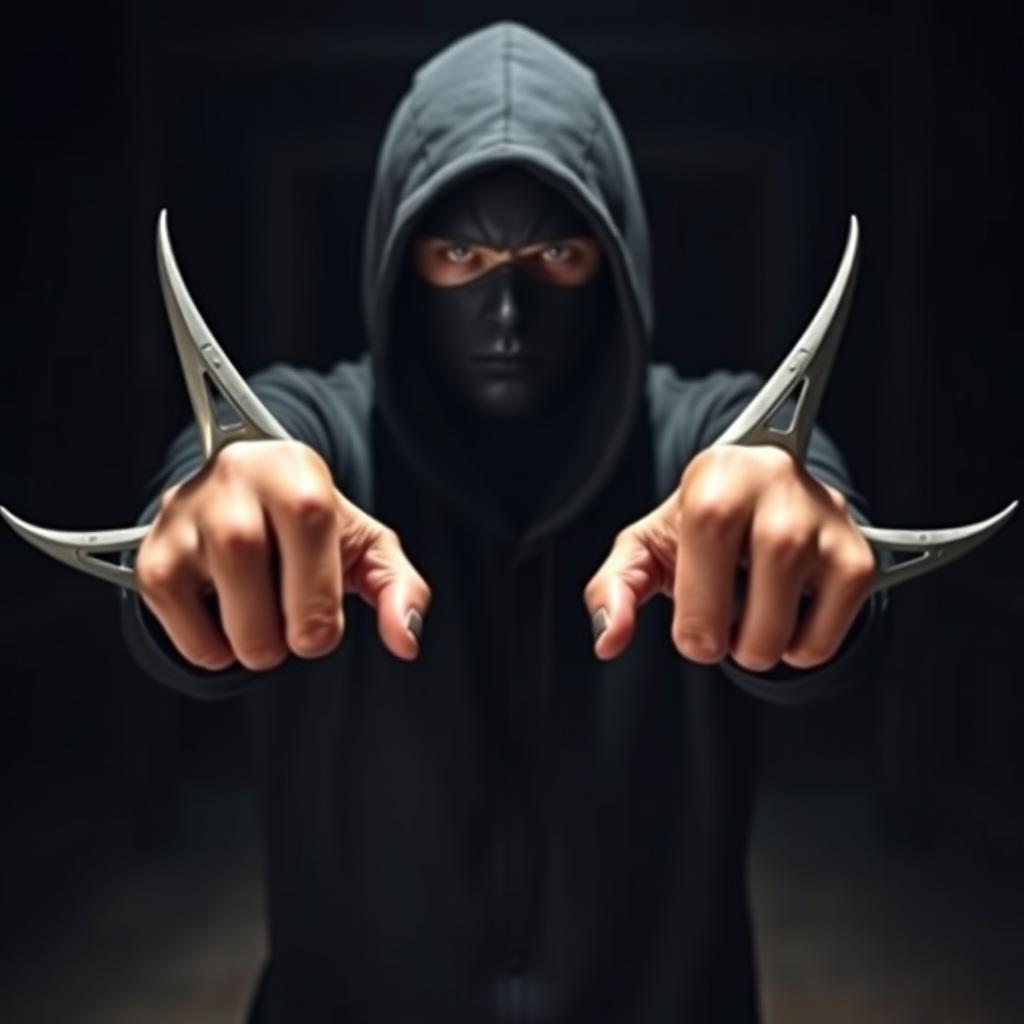 A mysterious man with triangular claw-like weapons attached to his fists