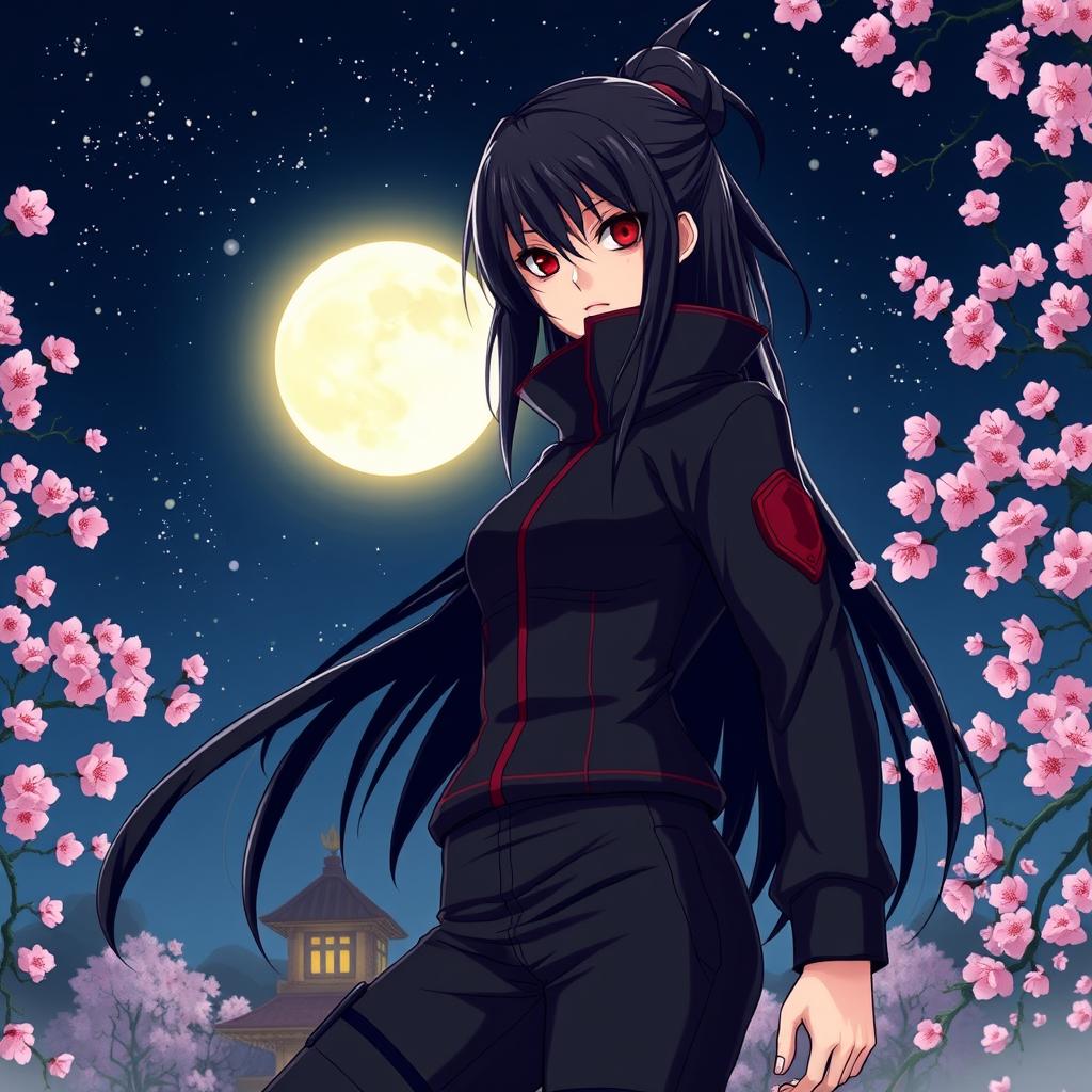 An artistic reimagining of Obito Uchiha as a girl, featuring long, dark hair styled in a loose and flowing manner with a few strands falling over her face