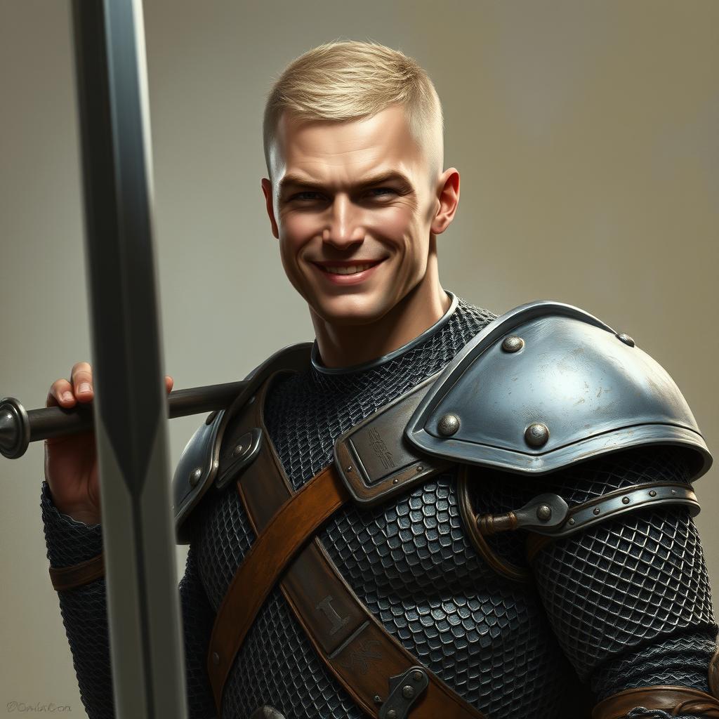 A hyper-realistic digital painting of a human warrior, characterized as a charismatic, talkative man with a cunning smile