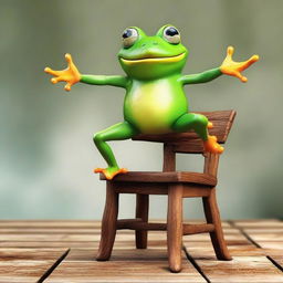 A vibrant, animated frog exhibiting a lively dance atop a rustic wooden chair.