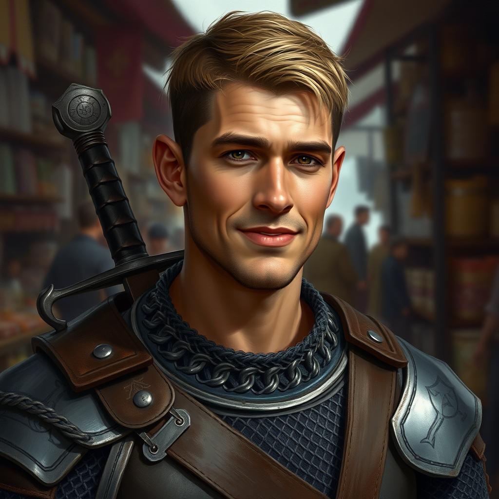 A hyper-realistic digital painting of a human warrior, characterized as a charismatic, talkative man with a confident yet subtle expression—his demeanor is keen and observant without being overly smiling