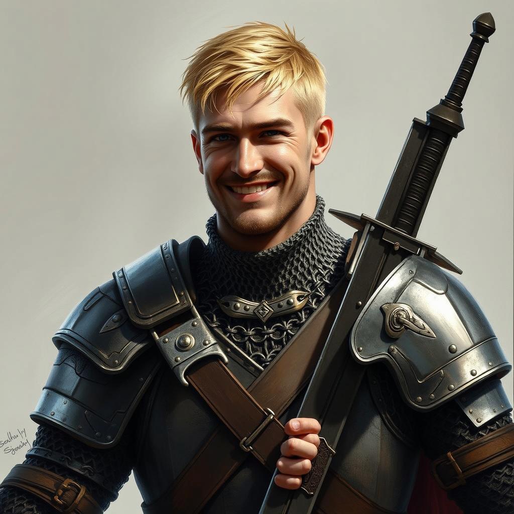 A hyper-realistic digital painting of a human warrior, portrayed as a charismatic, talkative man with a cunning smile
