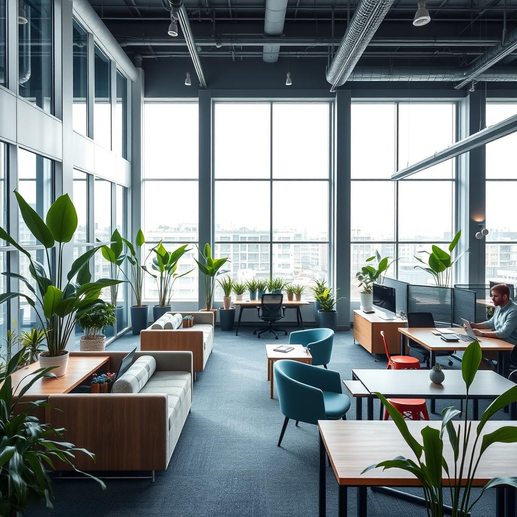 A modern office space featuring sleek design elements, large windows allowing natural light to flood the space, ergonomic furniture, and vibrant green plants for a touch of nature