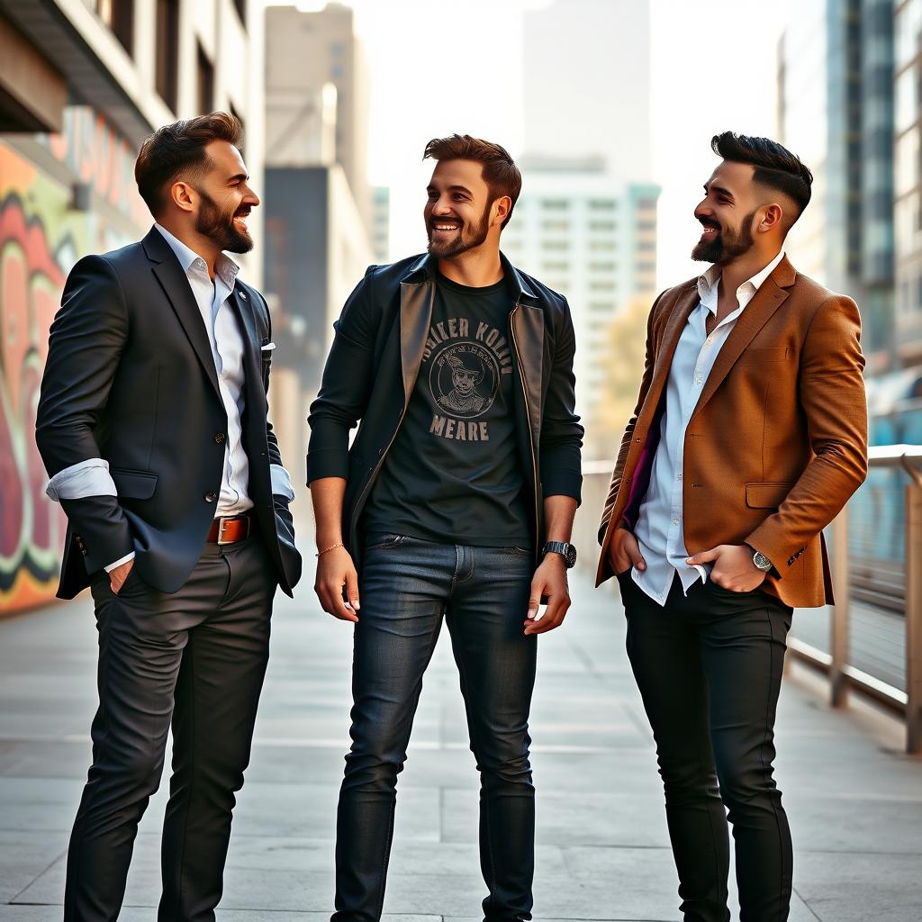 A trio of handsome men standing confidently in a stylish urban setting, showcasing contemporary fashion