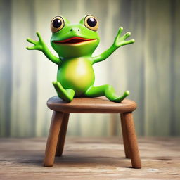 A vibrant, animated frog exhibiting a lively dance atop a rustic wooden chair.